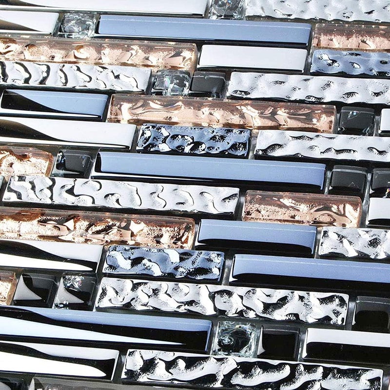 Hominter Metallic Glass Tile Rose Gold, Silver & Ink Blue Interlocking Linear Mosaic for Kitchen Backsplash, Bathroom Walls, Fireplace Surrounds & Accent Decor (3x12 Sample) - Image 4